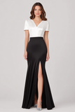 White and Black Satin Mermaid Formal Dress with Slit