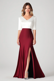 White and Burgundy Half Sleeves Mermaid Formal Dress with Slit