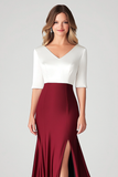 White and Burgundy Half Sleeves Mermaid Formal Dress with Slit