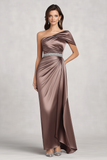 Taupe One Shoulder Satin Ruched Sheath Formal Dress with Side Cape