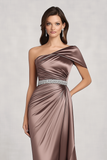 Taupe One Shoulder Satin Ruched Sheath Formal Dress with Side Cape