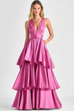 V-Neck Tiered Ball Gown Fuchsia Ruffled Formal Dress