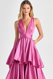 V-Neck Tiered Ball Gown Fuchsia Ruffled Formal Dress