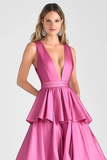 V-Neck Tiered Ball Gown Fuchsia Ruffled Formal Dress