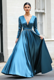 Dark Blue A-Line V-Neck Long Sleeves Formal Dress