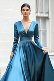 Dark Blue A-Line V-Neck Long Sleeves Formal Dress