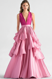 Princess Hot Pink Ball Gown V-Neck Ruffled Formal Dress