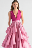 Princess Hot Pink Ball Gown V-Neck Ruffled Formal Dress