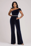 Navy One Shoulder Velvet Formal Jumpsuit with Rhinestone