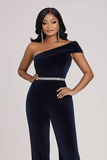 Navy One Shoulder Velvet Formal Jumpsuit with Rhinestone