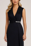 V-Neck Black Pencil Tea Length Formal Dress