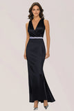 V-Neck Black Sheath Maxi Formal Dress with Rhinestone Belt