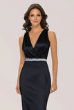 V-Neck Black Sheath Maxi Formal Dress with Rhinestone Belt