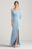 Off the Shoulder Sky Blue Sheath Maxi Formal Dress with Slit