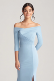 Off the Shoulder Sky Blue Sheath Maxi Formal Dress with Slit