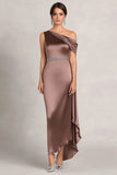 Taupe One Shoulder Sheath Satin Formal Dress