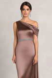 Taupe One Shoulder Sheath Satin Formal Dress