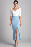 White and Blue Sheath Tea Length Mother of the Bride Dress with Slit