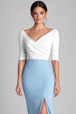 White and Blue Sheath Tea Length Mother of the Bride Dress with Slit