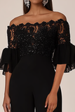 Black Off the Shoulder Ruffle Sleeves Chiffon Formal Jumpsuit