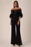 Black Off the Shoulder Ruffle Sleeves Chiffon Formal Jumpsuit