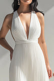 Ivory V-Neck Chiffon Pleated High Waist Formal Jumpsuit