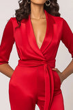 Red Satin Sash Notched Lapel Formal Jumpsuit with Pockets