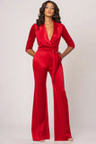 Red Satin Sash Notched Lapel Formal Jumpsuit with Pockets