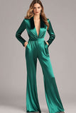 Dark Green Shawl Lapel Satin Formal Jumpsuit with Pockets