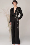 Black Beaded Shawl Lapel Formal Jumpsuit with Pockets