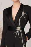 Black Beaded Shawl Lapel Formal Jumpsuit with Pockets