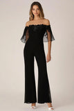 Black Off the Shoulder Mesh Overlay Chiffon Formal Jumpsuit