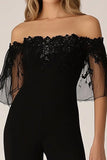 Black Off the Shoulder Mesh Overlay Chiffon Formal Jumpsuit