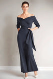 Black Off the Shoulder Sheath Mother of the Bridesmaid Dress with Sash