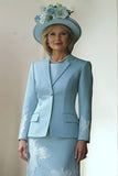 Blue 2 Piece Midi Mother of the Bride Dress Suit with Embroidery