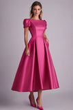 A-Line Satin Fuchsia Short Sleeves Mother of the Bride Dress