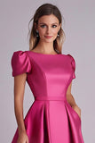 A-Line Satin Fuchsia Short Sleeves Mother of the Bride Dress