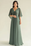 Agave Ruffle Sleeves Chiffon A-Line Mother of the Bride Dress