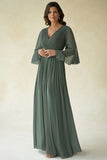 Agave Ruffle Sleeves Chiffon A-Line Mother of the Bride Dress