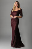 Sparkly Burgundy Mermaid Half Sleeves Mother of the Bride Dress