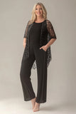 Black Chiffon Mother of the Bride Jumpsuit with Sequined Jacket