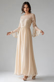 Apricot Chiffon A-Line Flare Sleeves Embroidered Mother of the Bride Dress