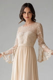 Apricot Chiffon A-Line Flare Sleeves Embroidered Mother of the Bride Dress