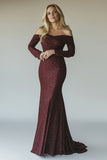 Gorgeous Burgundy Off the Shoulder Mermaid Beaded Mother of the Bride Dress