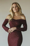 Gorgeous Burgundy Off the Shoulder Mermaid Beaded Mother of the Bride Dress