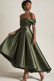 Off the Shoulder Satin Olive A-Line Mother of the Bride Dress