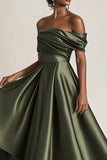 Off the Shoulder Satin Olive A-Line Mother of the Bride Dress