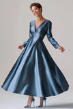 Simple V-Neck Blue A-Line Satin Mother of the Bride Dress