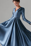 Simple V-Neck Blue A-Line Satin Mother of the Bride Dress