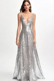 Sparkly Silver Deep V-Neck Sequined A-Line Formal Dress